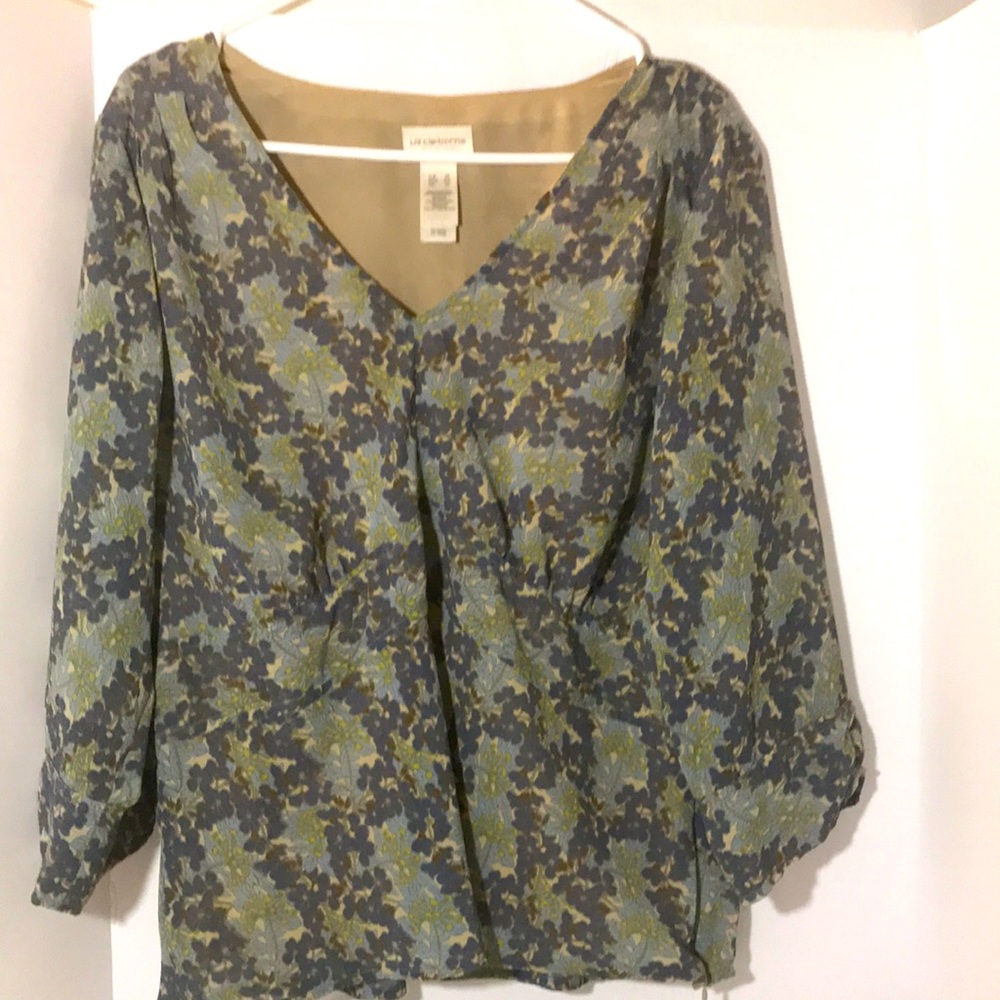 Liz Claiborne liberty floral long sleeve xl v neck cottage core green blue top